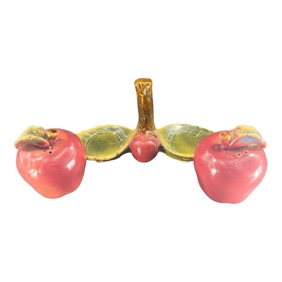 Whimsical Apple Fruit Salt And Pepper Shaker Set On Tree Stand Ceramic Set 2 - Picture 6 of 16